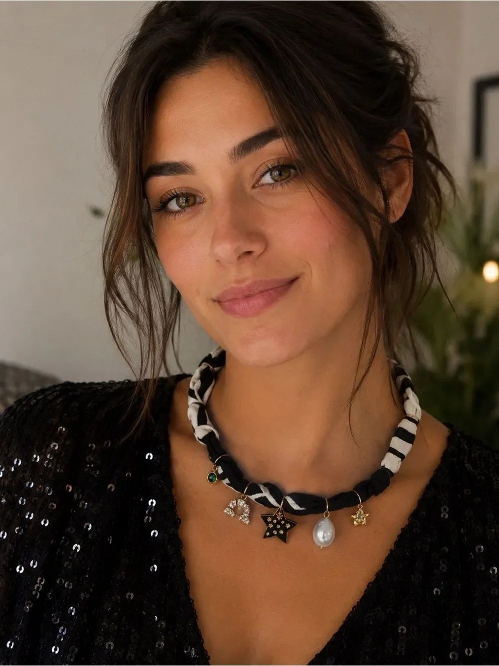 MAYAMAR Navy Stripe Charm Necklace with Gold Stars and Pearl